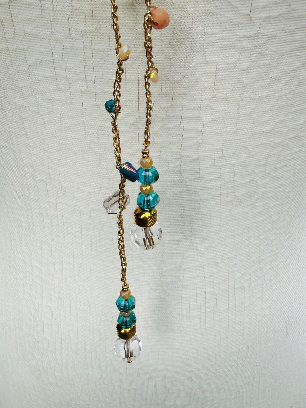 Delicate Crochet Multi wrap Teal and Pink Beaded Lariat Necklace - Picture 3 of 7